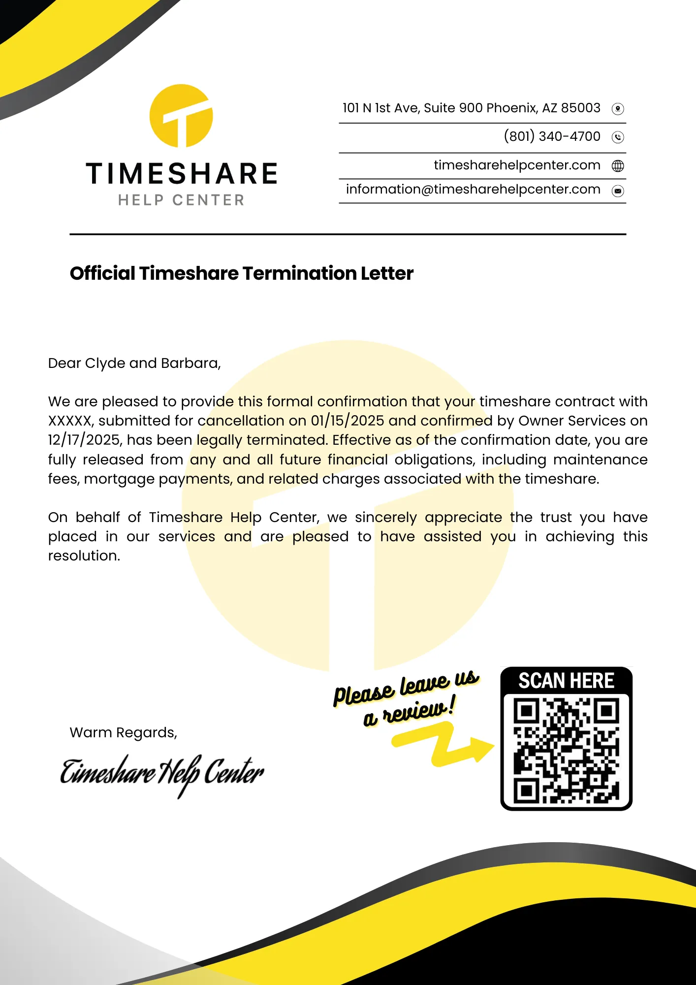 Clyde and Barbara timeshare cancellation success letter - Timeshare Help Center