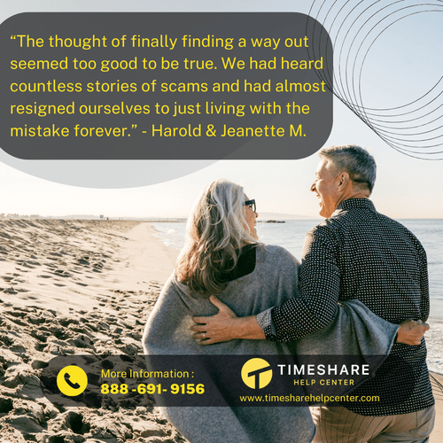 A happy couple on the beach after the Timeshare Help Center canceled their timeshare.