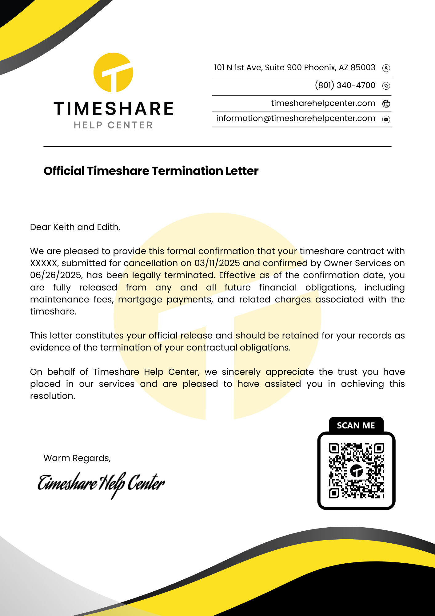 Keith and Edith timeshare cancellation success letter - Timeshare Help Center