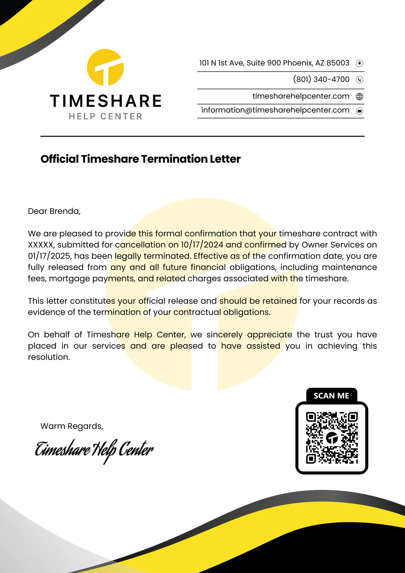 Brenda timeshare cancellation success letter - Timeshare Help Center